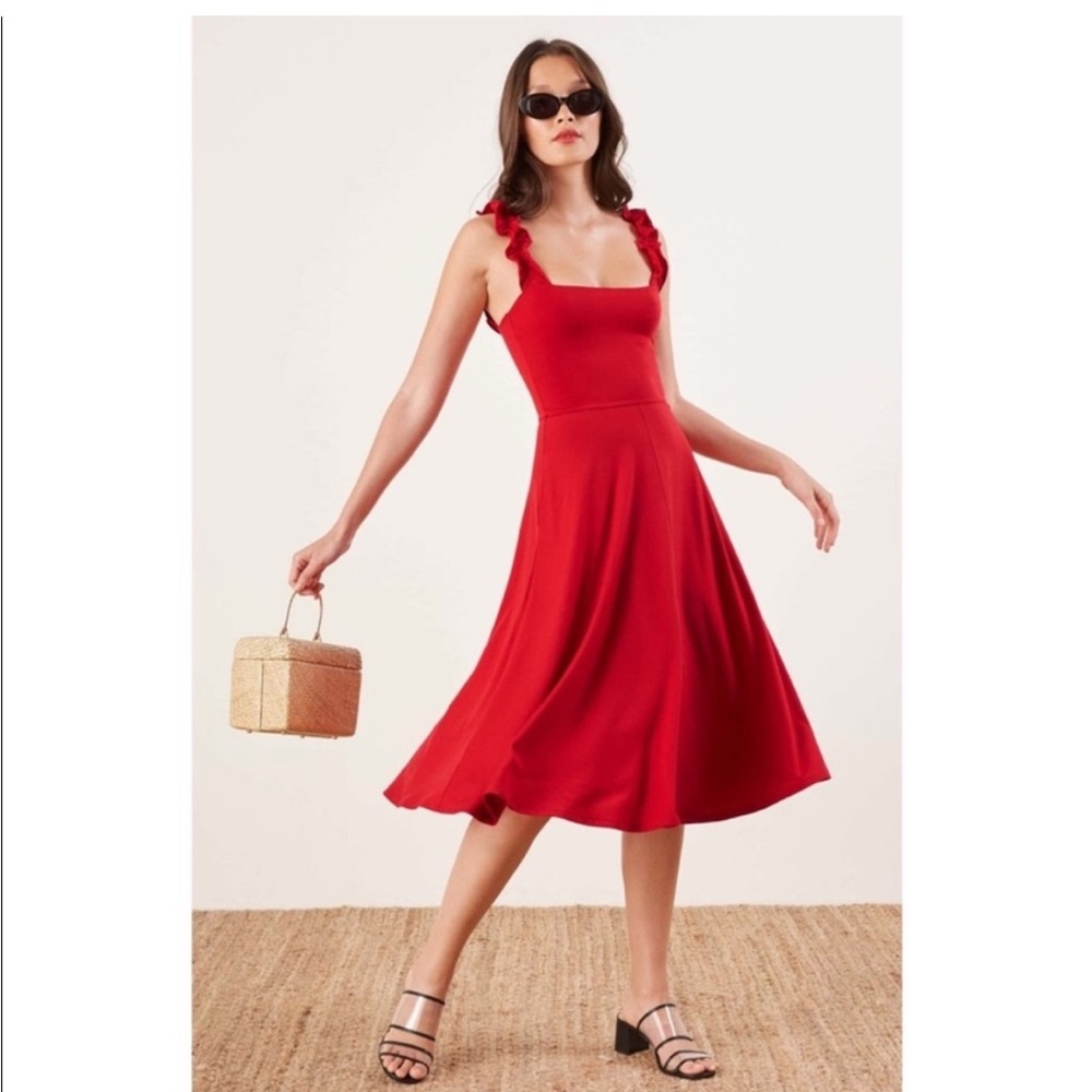 Reformation Red Eda Ruffle Strap Midi Dress
